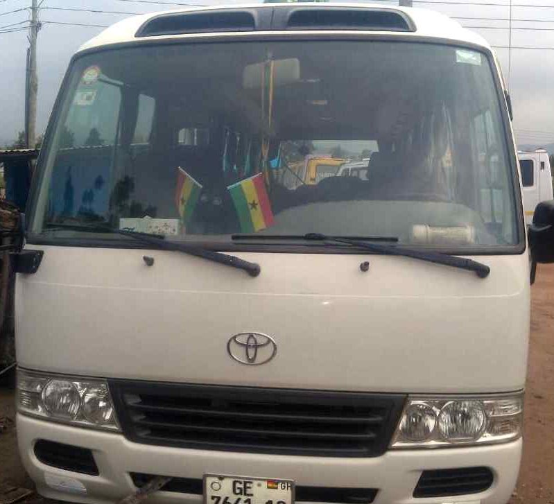 Hire air-conditioned Toyota Coaster bus in Accra, Tema, Takoradi, Kumasi or Tamale Ghana. A1
