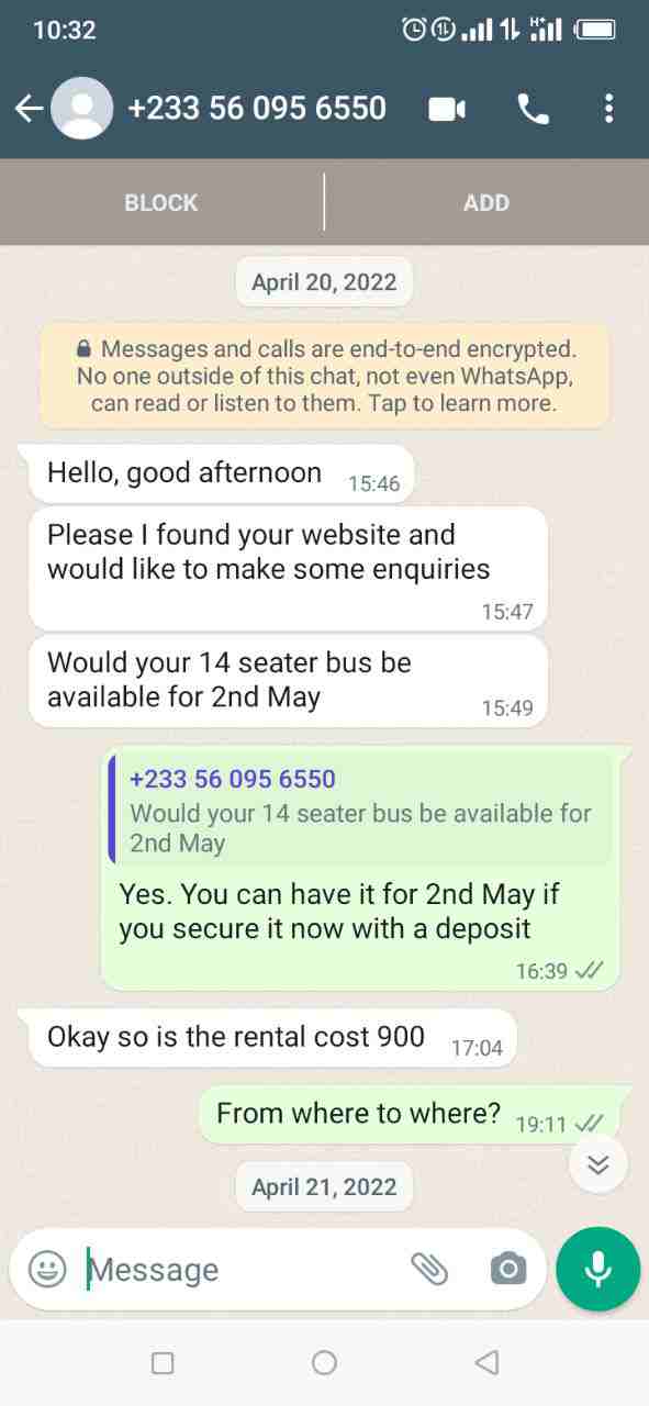 Andrea Hayford Whatsapp conversation with A Car Bus Rental April