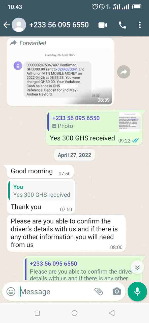 Andrea Hayford Whatsapp conversation with A Car Bus Rental May