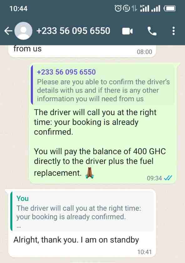 Andrea Hayford Whatsapp conversation with A Car Bus Rental May